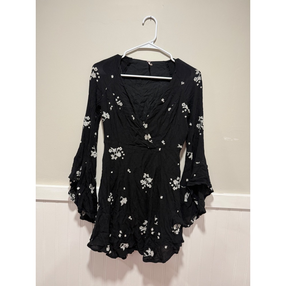 Free People Mini Dress Boho Floral Flowy 3/4 Sleeve Black Women Size 0